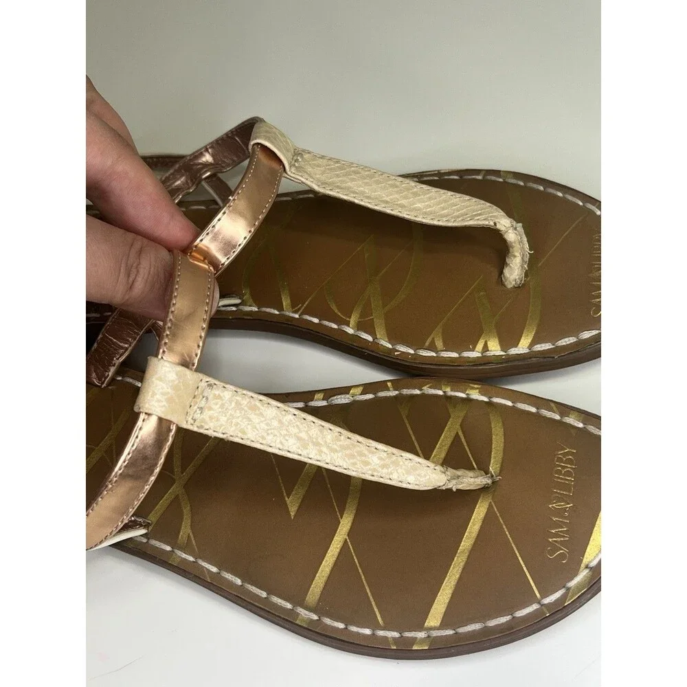 SAM & LIBBY Rose Gold Ivory T STRAP Thong Sandals Size 8.5 Snakeskin